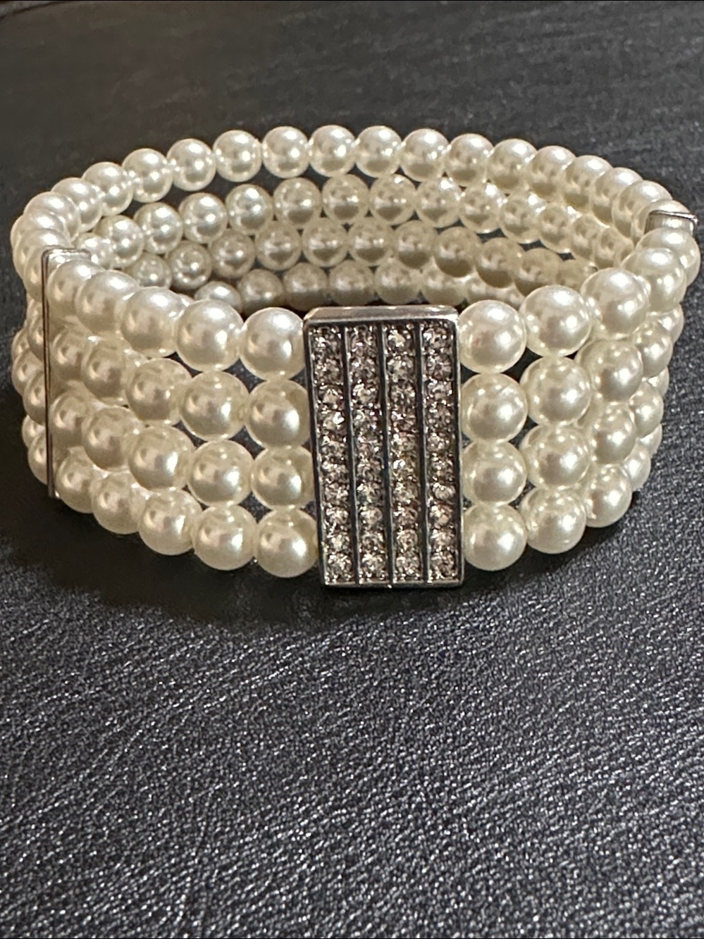 RMN Roman Four Strand Faux Pearl Rhinestone Bar Stretch Bracelet
